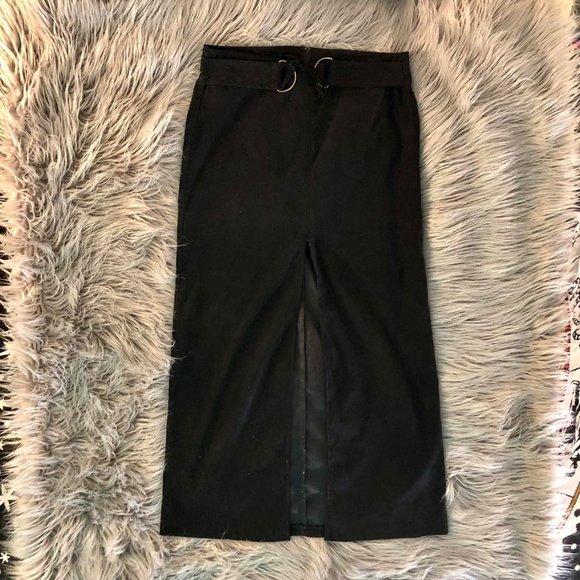 Vintage 90s Black Sueded Straight Skirt with Slit and Laced D-Ring Self-Belt - Picture 3 of 4